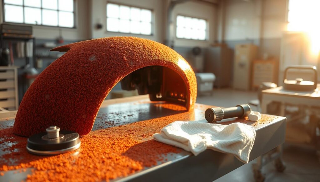 A clean, well-lit metal workshop. On a workbench, a car part lies coated in a reddish-brown layer of iron fallout. Nearby, a set of specialized tools - a strong magnet, a fallout remover, and a soft microfiber cloth. Sunlight streams in through large windows, casting warm, diffused lighting on the scene. The atmosphere is one of focused, professional car care - a technician about to carefully remove the stubborn iron contaminants from the painted surface, restoring it to a flawless, showroom-ready condition. A clean, well-lit metal workshop. On a workbench, a car part lies coated in a reddish-brown layer of iron fallout. Nearby, a set of specialized tools - a strong magnet, a fallout remover, and a soft microfiber cloth. Sunlight streams in through large windows, casting warm, diffused lighting on the scene. The atmosphere is one of focused, professional car care - a technician about to carefully remove the stubborn iron contaminants from the painted surface, restoring it to a flawless, showroom-ready condition.