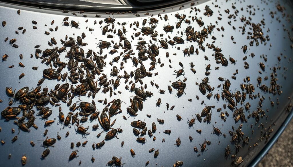 A close-up, high-resolution photograph of a car's front bumper, captured under harsh, direct sunlight. The surface is dotted with a dense splattering of insect carcasses, their fragmented bodies and smeared innards clearly visible. The impact of the insects against the glossy, metallic paint has left behind a chaotic pattern of dark splotches and streaks, creating a striking contrast against the vehicle's otherwise pristine finish. The scene evokes a sense of the relentless, accumulating damage that can occur during high-speed highway driving, underscoring the need for proactive maintenance and cleaning to preserve the car's appearance. A close-up, high-resolution photograph of a car's front bumper, captured under harsh, direct sunlight. The surface is dotted with a dense splattering of insect carcasses, their fragmented bodies and smeared innards clearly visible. The impact of the insects against the glossy, metallic paint has left behind a chaotic pattern of dark splotches and streaks, creating a striking contrast against the vehicle's otherwise pristine finish. The scene evokes a sense of the relentless, accumulating damage that can occur during high-speed highway driving, underscoring the need for proactive maintenance and cleaning to preserve the car's appearance.