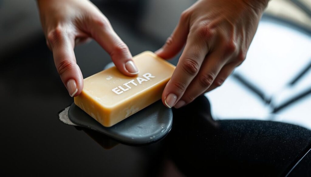 A close-up shot of a clay bar in use on a car's glossy paint surface. The clay bar is held in a person's hand, gently gliding across the paint, picking up contaminants and smoothing the surface. The lighting is soft and natural, highlighting the textures of the clay and the paint. The background is blurred, keeping the focus on the detailing process. The scene conveys a sense of care and attention to detail, with the goal of achieving a showroom-ready finish. A close-up shot of a clay bar in use on a car's glossy paint surface. The clay bar is held in a person's hand, gently gliding across the paint, picking up contaminants and smoothing the surface. The lighting is soft and natural, highlighting the textures of the clay and the paint. The background is blurred, keeping the focus on the detailing process. The scene conveys a sense of care and attention to detail, with the goal of achieving a showroom-ready finish.