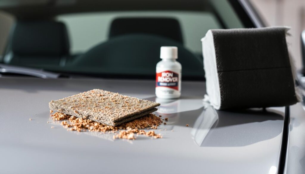 A close-up view of a car's surface, showing the paint's metallic sheen. In the foreground, a steel wool pad is gently scrubbing away flecks of rust and iron deposits, revealing the underlying clear coat. The lighting is soft and diffused, casting subtle shadows that highlight the textural details. In the middle ground, a bottle of specialized iron remover solution stands ready, its label prominently displayed. The background blurs into a hazy, neutral environment, allowing the paint restoration process to be the focal point. The overall scene conveys the importance of this crucial step in maintaining a car's pristine appearance. A close-up view of a car's surface, showing the paint's metallic sheen. In the foreground, a steel wool pad is gently scrubbing away flecks of rust and iron deposits, revealing the underlying clear coat. The lighting is soft and diffused, casting subtle shadows that highlight the textural details. In the middle ground, a bottle of specialized iron remover solution stands ready, its label prominently displayed. The background blurs into a hazy, neutral environment, allowing the paint restoration process to be the focal point. The overall scene conveys the importance of this crucial step in maintaining a car's pristine appearance.