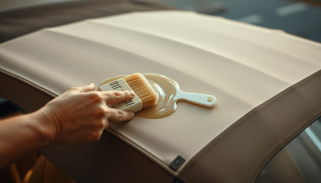A close-up view of a convertible car's fabric roof being coated with a clear, glossy waterproofing solution. The liquid glistens as it is evenly applied with a soft-bristle brush, carefully covering the seams and folds of the material. The roof is well-lit, with warm, diffused light illuminating the process, creating a sense of attention to detail and care. The background is blurred, keeping the focus on the hands working diligently to protect the convertible's weatherproofing. The overall mood is one of precision, dedication, and the importance of maintaining a convertible's roof in top condition. A close-up view of a convertible car's fabric roof being coated with a clear, glossy waterproofing solution. The liquid glistens as it is evenly applied with a soft-bristle brush, carefully covering the seams and folds of the material. The roof is well-lit, with warm, diffused light illuminating the process, creating a sense of attention to detail and care. The background is blurred, keeping the focus on the hands working diligently to protect the convertible's weatherproofing. The overall mood is one of precision, dedication, and the importance of maintaining a convertible's roof in top condition.
