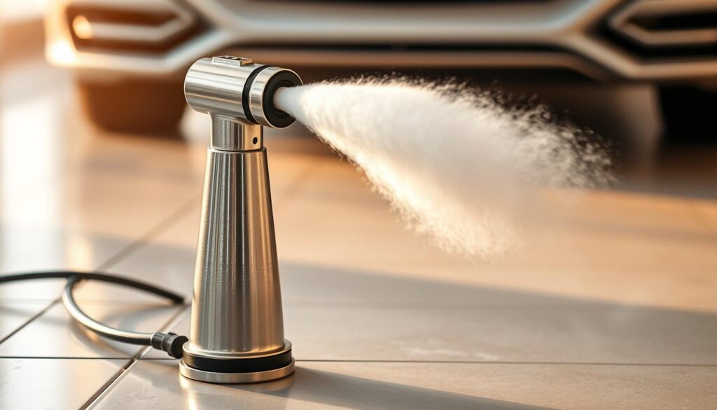 A high-quality foam cannon stands on a clean, tiled surface, its sleek, metallic body gleaming under warm, diffused lighting. The cannon's nozzle is positioned to capture the dynamic flow of thick, luscious foam cascading from its tip, creating a mesmerizing, cloud-like display. The background is blurred, allowing the cannon to be the focal point, emphasizing its precision engineering and performance. The overall scene conveys a sense of efficiency, cleanliness, and the transformative power of the foam cannon to effortlessly clean and maintain vehicles. A high-quality foam cannon stands on a clean, tiled surface, its sleek, metallic body gleaming under warm, diffused lighting. The cannon's nozzle is positioned to capture the dynamic flow of thick, luscious foam cascading from its tip, creating a mesmerizing, cloud-like display. The background is blurred, allowing the cannon to be the focal point, emphasizing its precision engineering and performance. The overall scene conveys a sense of efficiency, cleanliness, and the transformative power of the foam cannon to effortlessly clean and maintain vehicles.