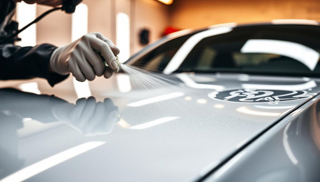 A highly detailed, hyperrealistic image of a vehicle being coated with a clear, glossy ceramic protection layer. The foreground shows the car's surface being smoothed and buffed, with a technician meticulously applying the ceramic coating using a specialized spraying tool. The middle ground reveals the chemical reaction as the coating bonds to the car's surface, creating a durable, scratch-resistant barrier. In the background, the vehicle is bathed in a warm, diffused lighting, highlighting the flawless, mirror-like finish of the ceramic-coated surface. Capture the scene with a shallow depth of field, emphasizing the technical precision and care required for this high-performance automotive protection. A highly detailed, hyperrealistic image of a vehicle being coated with a clear, glossy ceramic protection layer. The foreground shows the car's surface being smoothed and buffed, with a technician meticulously applying the ceramic coating using a specialized spraying tool. The middle ground reveals the chemical reaction as the coating bonds to the car's surface, creating a durable, scratch-resistant barrier. In the background, the vehicle is bathed in a warm, diffused lighting, highlighting the flawless, mirror-like finish of the ceramic-coated surface. Capture the scene with a shallow depth of field, emphasizing the technical precision and care required for this high-performance automotive protection.
