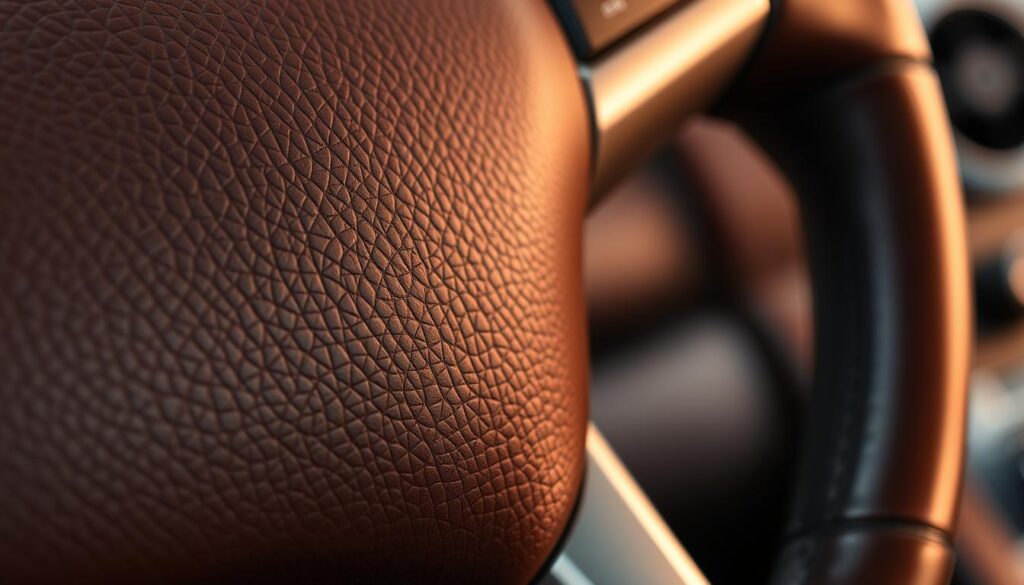 A leather steering wheel in a well-lit, high-resolution close-up view. The wheel's surface has a rich, textured appearance, with visible grains and a subtle sheen. The lighting is warm and evenly distributed, highlighting the natural beauty of the leather. The background is blurred, placing the focus entirely on the intricate details of the steering wheel. The image conveys a sense of premium quality and the importance of proper care and maintenance for this essential automotive component. A leather steering wheel in a well-lit, high-resolution close-up view. The wheel's surface has a rich, textured appearance, with visible grains and a subtle sheen. The lighting is warm and evenly distributed, highlighting the natural beauty of the leather. The background is blurred, placing the focus entirely on the intricate details of the steering wheel. The image conveys a sense of premium quality and the importance of proper care and maintenance for this essential automotive component.