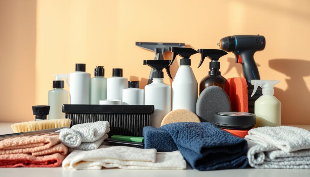 A meticulously organized assortment of car detailing tools against a soft, warm-toned backdrop. In the foreground, an array of brushes, microfiber cloths, and sponges in varied sizes and textures, hinting at their specialized uses. The middle ground showcases a selection of cleaning solutions and polishes, each bottle with a sleek, minimalist design. In the background, a set of tools like a squeegee, a clay bar, and a cordless polisher, all casting subtle shadows that add depth and dimension to the scene. The lighting is natural and diffused, creating a sense of serenity and highlighting the gleaming surfaces of the tools. The overall composition conveys a sense of efficiency and attention to detail, reflecting the hidden benefits of DIY car detailing. A meticulously organized assortment of car detailing tools against a soft, warm-toned backdrop. In the foreground, an array of brushes, microfiber cloths, and sponges in varied sizes and textures, hinting at their specialized uses. The middle ground showcases a selection of cleaning solutions and polishes, each bottle with a sleek, minimalist design. In the background, a set of tools like a squeegee, a clay bar, and a cordless polisher, all casting subtle shadows that add depth and dimension to the scene. The lighting is natural and diffused, creating a sense of serenity and highlighting the gleaming surfaces of the tools. The overall composition conveys a sense of efficiency and attention to detail, reflecting the hidden benefits of DIY car detailing.