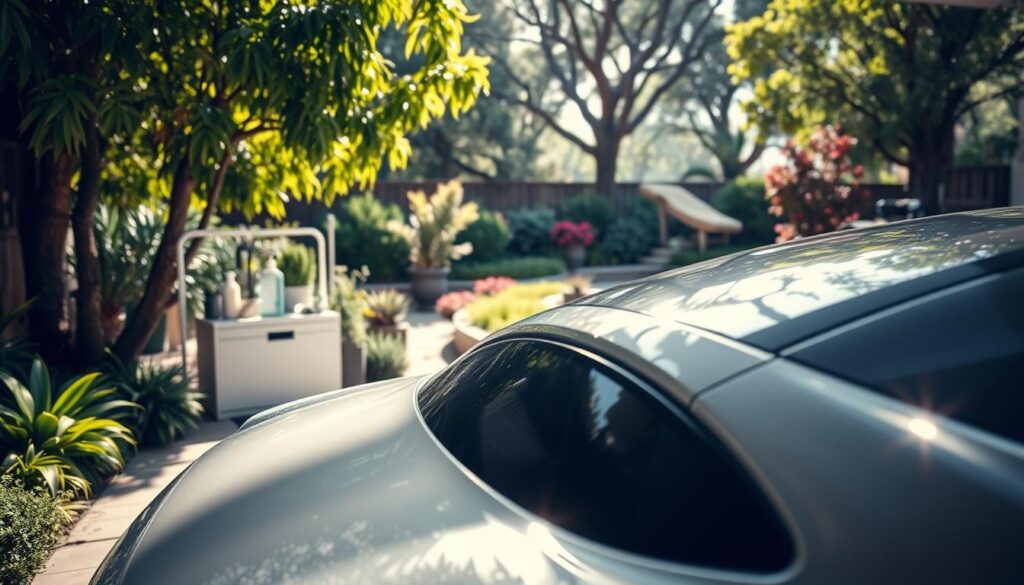 A modern, eco-friendly car detailing service set against a vibrant, nature-inspired backdrop. In the foreground, a sleek, recently washed and waxed vehicle gleams under soft, diffused lighting, its pristine surface reflecting the lush, verdant foliage surrounding it. In the middle ground, a minimalist, minimalist-styled detailing station with eco-friendly cleaning products and tools stands ready, conveying a sense of sustainable, environmentally-conscious practices. The background features a serene, sun-dappled garden oasis, complete with towering trees, blooming flowers, and a calming water feature, evoking a tranquil, natural atmosphere. The overall scene exudes a sense of harmony between the car, the detailing process, and the natural world. A modern, eco-friendly car detailing service set against a vibrant, nature-inspired backdrop. In the foreground, a sleek, recently washed and waxed vehicle gleams under soft, diffused lighting, its pristine surface reflecting the lush, verdant foliage surrounding it. In the middle ground, a minimalist, minimalist-styled detailing station with eco-friendly cleaning products and tools stands ready, conveying a sense of sustainable, environmentally-conscious practices. The background features a serene, sun-dappled garden oasis, complete with towering trees, blooming flowers, and a calming water feature, evoking a tranquil, natural atmosphere. The overall scene exudes a sense of harmony between the car, the detailing process, and the natural world.