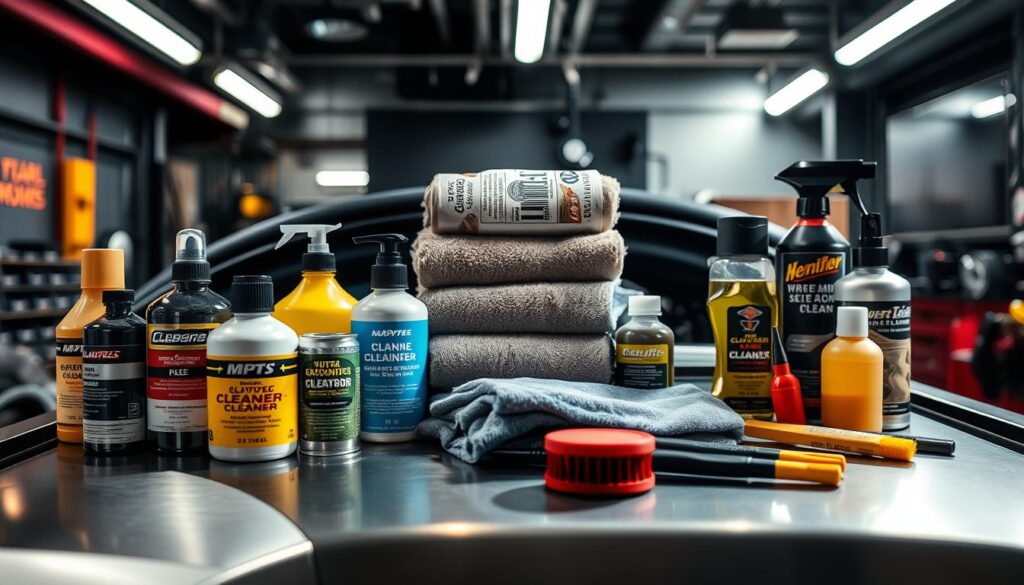 A neatly arranged collection of high-quality engine bay detailing products rests on a sleek, metallic surface. In the foreground, various bottles and cans of specialized cleaners, polishes, and protectants are meticulously displayed, their labels clearly visible. In the middle ground, a set of microfiber towels, brushes, and applicators are strategically placed, ready for use. The background features a dimly lit, industrial-style environment, emphasizing the precision and care required for engine bay detailing. The lighting is soft and directional, casting gentle shadows that accentuate the textures and contours of the products. The overall composition conveys a sense of professionalism and attention to detail, perfectly suited for illustrating the "Essential Tools and Products for Engine Bay Detailing" section. A neatly arranged collection of high-quality engine bay detailing products rests on a sleek, metallic surface. In the foreground, various bottles and cans of specialized cleaners, polishes, and protectants are meticulously displayed, their labels clearly visible. In the middle ground, a set of microfiber towels, brushes, and applicators are strategically placed, ready for use. The background features a dimly lit, industrial-style environment, emphasizing the precision and care required for engine bay detailing. The lighting is soft and directional, casting gentle shadows that accentuate the textures and contours of the products. The overall composition conveys a sense of professionalism and attention to detail, perfectly suited for illustrating the "Essential Tools and Products for Engine Bay Detailing" section.