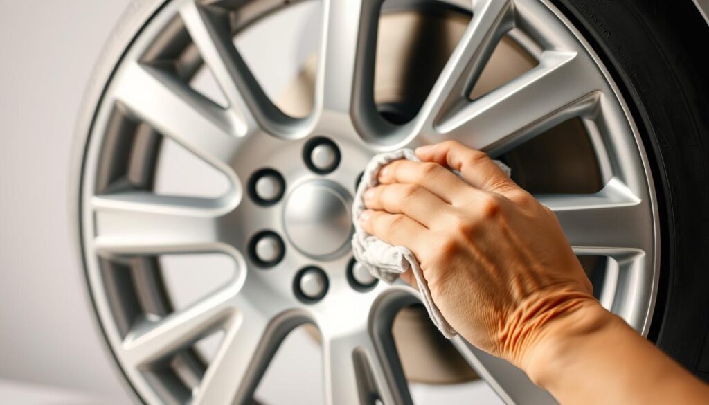 A pristine aluminum wheel against a soft, diffused background. The wheel's surface gleams under the gentle, even lighting, showcasing its clean, unblemished shine. In the foreground, a hand gently applies a thin layer of protective wheel sealant, meticulously buffing it into the metal with a microfiber cloth. The scene conveys a sense of care and attention to detail, emphasizing the importance of maintaining the wheel's lustrous appearance even after a thorough cleaning. A pristine aluminum wheel against a soft, diffused background. The wheel's surface gleams under the gentle, even lighting, showcasing its clean, unblemished shine. In the foreground, a hand gently applies a thin layer of protective wheel sealant, meticulously buffing it into the metal with a microfiber cloth. The scene conveys a sense of care and attention to detail, emphasizing the importance of maintaining the wheel's lustrous appearance even after a thorough cleaning.