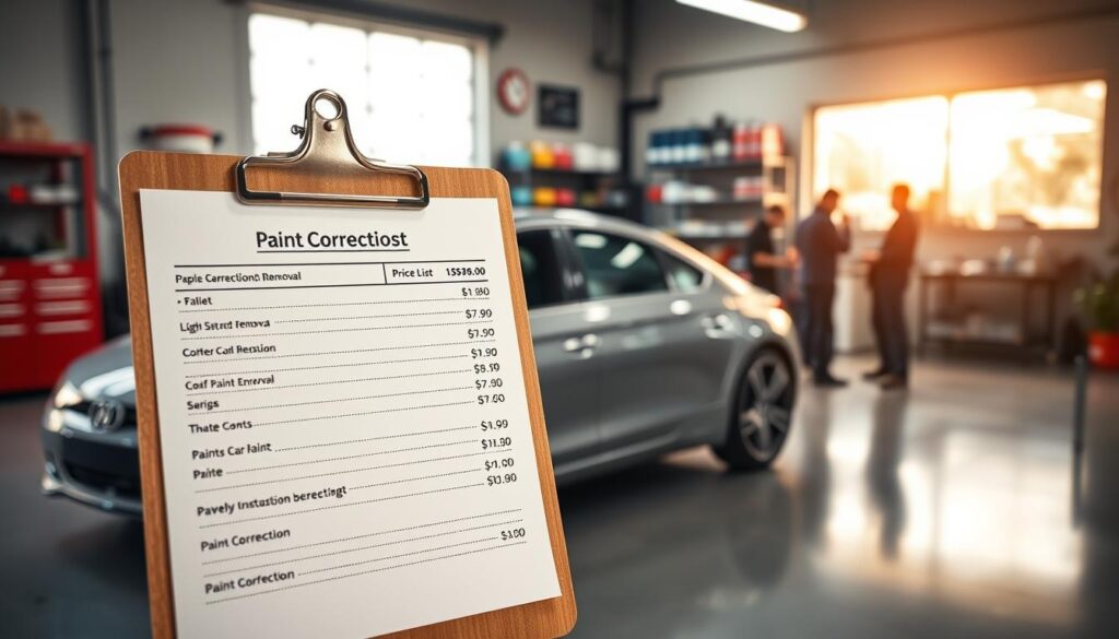 A pristine car parked in a well-lit auto shop, the sunlight gently filtering through the windows. In the foreground, a detailed price list for various paint correction services - from light scratch removal to full paint correction. The list is neatly displayed on a wooden clipboard, with a professional-looking header and clear pricing information. The middle ground shows a team of skilled technicians meticulously examining the car's surface, their tools and equipment organized on a nearby workbench. The background features shelves stocked with paint supplies and other automotive accessories, conveying the expertise and resources available for a successful paint correction project. A pristine car parked in a well-lit auto shop, the sunlight gently filtering through the windows. In the foreground, a detailed price list for various paint correction services - from light scratch removal to full paint correction. The list is neatly displayed on a wooden clipboard, with a professional-looking header and clear pricing information. The middle ground shows a team of skilled technicians meticulously examining the car's surface, their tools and equipment organized on a nearby workbench. The background features shelves stocked with paint supplies and other automotive accessories, conveying the expertise and resources available for a successful paint correction project.