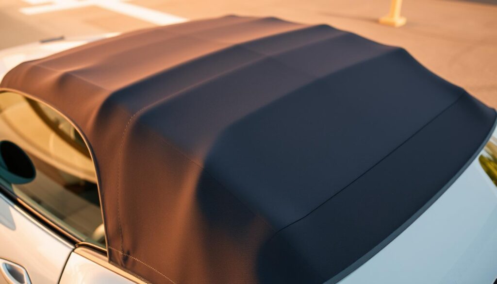 A pristine convertible car with a clean, well-maintained soft top, bathed in warm, natural lighting. The top is free of any dirt, stains, or blemishes, its fabric glistening with a subtle sheen. The image is captured from a slightly elevated angle, showcasing the smooth, sleek lines of the vehicle's exterior and the expertly cared-for roof. The background is slightly blurred, allowing the focus to remain on the convertible's top, which takes center stage, conveying a sense of attention to detail and pride in ownership. A pristine convertible car with a clean, well-maintained soft top, bathed in warm, natural lighting. The top is free of any dirt, stains, or blemishes, its fabric glistening with a subtle sheen. The image is captured from a slightly elevated angle, showcasing the smooth, sleek lines of the vehicle's exterior and the expertly cared-for roof. The background is slightly blurred, allowing the focus to remain on the convertible's top, which takes center stage, conveying a sense of attention to detail and pride in ownership.