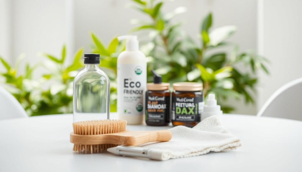 A pristine white table with a clean, minimal aesthetic, showcasing an assortment of eco-friendly car care products. In the foreground, a glass spray bottle, a bamboo brush, and a microfiber cloth are arranged neatly. In the middle ground, a jar of natural car wax and a bottle of plant-based shampoo stand out against a backdrop of lush greenery, conveying a sense of environmental consciousness. The lighting is soft and diffused, creating a calming, natural atmosphere. The camera angle is slightly elevated, providing a clear, unobstructed view of the products and their surroundings. The overall impression is one of sustainability, simplicity, and a commitment to responsible car care. A pristine white table with a clean, minimal aesthetic, showcasing an assortment of eco-friendly car care products. In the foreground, a glass spray bottle, a bamboo brush, and a microfiber cloth are arranged neatly. In the middle ground, a jar of natural car wax and a bottle of plant-based shampoo stand out against a backdrop of lush greenery, conveying a sense of environmental consciousness. The lighting is soft and diffused, creating a calming, natural atmosphere. The camera angle is slightly elevated, providing a clear, unobstructed view of the products and their surroundings. The overall impression is one of sustainability, simplicity, and a commitment to responsible car care.