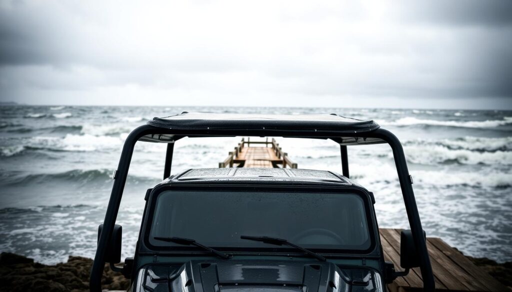 A rugged, coastal vehicle protection system stands tall against the windswept shore. In the foreground, a sturdy metal framework shields the vehicle's front and sides, its sleek, angled design deflecting salty sea spray. The midground features a semi-transparent, weatherproof covering that stretches over the vehicle's roof, casting a gentle, diffused light. In the background, a weathered, wooden dock extends into the churning ocean, with crashing waves and a moody, overcast sky providing a dramatic backdrop. The overall scene conveys a sense of resilience and protection in the face of the harsh coastal environment. A rugged, coastal vehicle protection system stands tall against the windswept shore. In the foreground, a sturdy metal framework shields the vehicle's front and sides, its sleek, angled design deflecting salty sea spray. The midground features a semi-transparent, weatherproof covering that stretches over the vehicle's roof, casting a gentle, diffused light. In the background, a weathered, wooden dock extends into the churning ocean, with crashing waves and a moody, overcast sky providing a dramatic backdrop. The overall scene conveys a sense of resilience and protection in the face of the harsh coastal environment.
