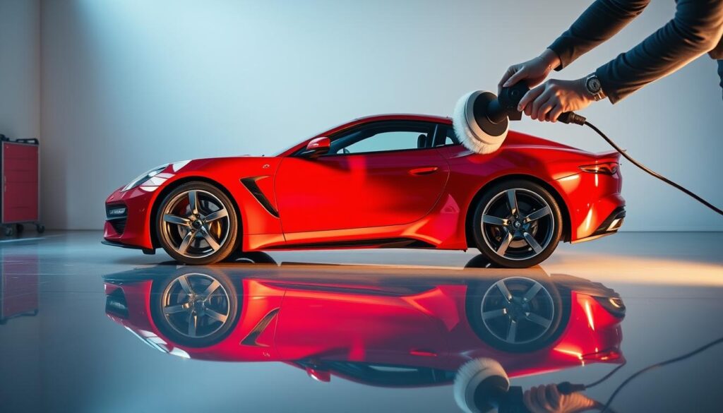 A sleek, metallic red sports car resting on a gleaming, reflective surface, as a skilled technician diligently polishes the vehicle's pristine exterior with a high-quality buffing tool. Soft, diffused lighting gently illuminates the scene, casting a warm, almost ethereal glow that highlights the car's contours and accentuates the flawless shine of the freshly polished paint. The technician's movements are precise and deliberate, their focus evident as they meticulously work to restore the car's luster, creating a captivating display of advanced car care in action. A sleek, metallic red sports car resting on a gleaming, reflective surface, as a skilled technician diligently polishes the vehicle's pristine exterior with a high-quality buffing tool. Soft, diffused lighting gently illuminates the scene, casting a warm, almost ethereal glow that highlights the car's contours and accentuates the flawless shine of the freshly polished paint. The technician's movements are precise and deliberate, their focus evident as they meticulously work to restore the car's luster, creating a captivating display of advanced car care in action.