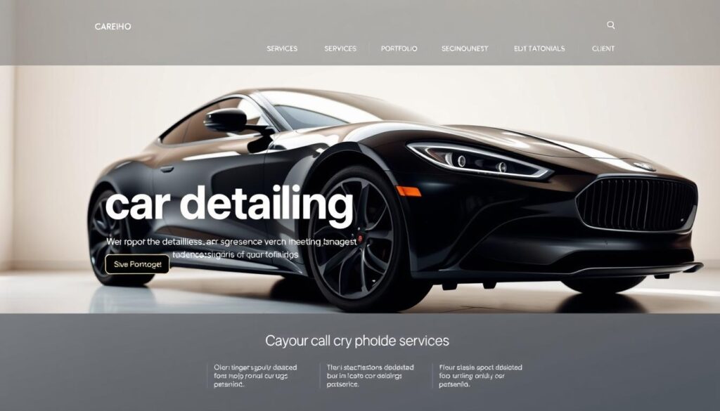 A sleek, modern car detailing website presented in a visually stunning and professional manner. The homepage features a large hero image showcasing a freshly detailed luxury vehicle, the glossy paint reflecting the light in a way that conveys the high-quality work. In the middle ground, a clean, minimalist layout with bold typography and intuitive navigation, highlighting the company's services, portfolio, and client testimonials. The background is a soft, neutral color palette that complements the car's hues, creating a cohesive and visually appealing design. The lighting is natural and diffused, creating a sense of warmth and professionalism. The overall mood is one of sophistication, attention to detail, and the pride in craftsmanship that defines the car detailing industry. A sleek, modern car detailing website presented in a visually stunning and professional manner. The homepage features a large hero image showcasing a freshly detailed luxury vehicle, the glossy paint reflecting the light in a way that conveys the high-quality work. In the middle ground, a clean, minimalist layout with bold typography and intuitive navigation, highlighting the company's services, portfolio, and client testimonials. The background is a soft, neutral color palette that complements the car's hues, creating a cohesive and visually appealing design. The lighting is natural and diffused, creating a sense of warmth and professionalism. The overall mood is one of sophistication, attention to detail, and the pride in craftsmanship that defines the car detailing industry.