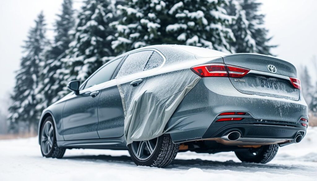 A snowy winter landscape, with a car parked in the foreground. The car's exterior is coated in a layer of protective film, shimmering in the soft, diffused light. In the background, tall evergreen trees stand covered in snow, creating a serene and peaceful atmosphere. The image conveys a sense of security and safeguarding, as the protective film shields the car's paint from the harsh winter elements. The camera angle is low, capturing the car's profile and emphasizing the protective layer. The lighting is subtle, with soft, natural tones that enhance the overall aesthetic. A snowy winter landscape, with a car parked in the foreground. The car's exterior is coated in a layer of protective film, shimmering in the soft, diffused light. In the background, tall evergreen trees stand covered in snow, creating a serene and peaceful atmosphere. The image conveys a sense of security and safeguarding, as the protective film shields the car's paint from the harsh winter elements. The camera angle is low, capturing the car's profile and emphasizing the protective layer. The lighting is subtle, with soft, natural tones that enhance the overall aesthetic.