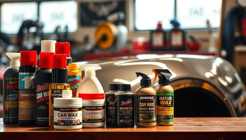 A still life image showcasing various types of car wax products. In the foreground, an array of different car wax containers are arranged neatly, their labels and packaging clearly visible, highlighting the diversity of formulations and brands. In the middle ground, a shiny, freshly waxed car part, such as a fender or hood, reflects the light, demonstrating the glossy, protected finish achieved with the wax. The background features a softly blurred automotive workshop or garage setting, with hints of tools, equipment, and workbenches, creating a sense of context and expertise. The lighting is warm and directional, casting gentle shadows and highlights to accentuate the textures and details of the wax products and the car surface. The overall composition is balanced and visually appealing, conveying the science and craftsmanship behind achieving a superior car wax application. A still life image showcasing various types of car wax products. In the foreground, an array of different car wax containers are arranged neatly, their labels and packaging clearly visible, highlighting the diversity of formulations and brands. In the middle ground, a shiny, freshly waxed car part, such as a fender or hood, reflects the light, demonstrating the glossy, protected finish achieved with the wax. The background features a softly blurred automotive workshop or garage setting, with hints of tools, equipment, and workbenches, creating a sense of context and expertise. The lighting is warm and directional, casting gentle shadows and highlights to accentuate the textures and details of the wax products and the car surface. The overall composition is balanced and visually appealing, conveying the science and craftsmanship behind achieving a superior car wax application.