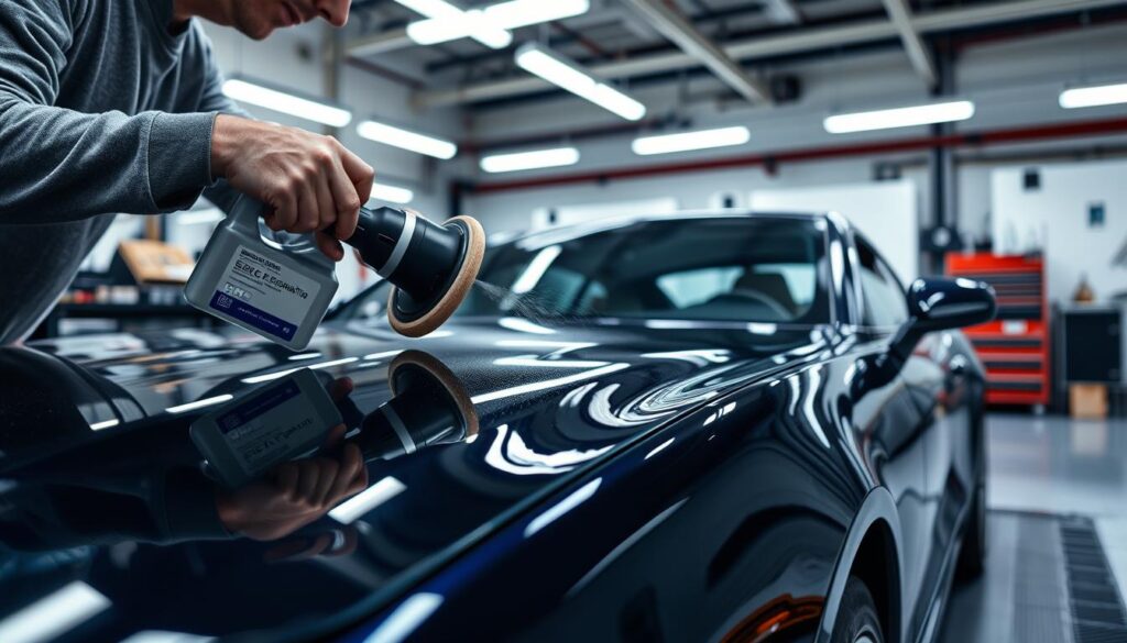 A well-lit automotive workshop, with a gleaming car taking center stage. In the foreground, a skilled technician carefully applies a high-quality paint restoration solution, using a dual-action polisher to gently remove surface imperfections and restore the vehicle's original shine. The mid-ground reveals neatly organized tools and equipment, signifying the precision and expertise required for this delicate process. In the background, the workshop's clean and organized layout sets the stage for the meticulous attention to detail. The scene conveys a sense of professionalism, dedication, and the transformative power of paint correction, perfectly capturing the essence of the "Auto Paint Correction Process Explained" section. A well-lit automotive workshop, with a gleaming car taking center stage. In the foreground, a skilled technician carefully applies a high-quality paint restoration solution, using a dual-action polisher to gently remove surface imperfections and restore the vehicle's original shine. The mid-ground reveals neatly organized tools and equipment, signifying the precision and expertise required for this delicate process. In the background, the workshop's clean and organized layout sets the stage for the meticulous attention to detail. The scene conveys a sense of professionalism, dedication, and the transformative power of paint correction, perfectly capturing the essence of the "Auto Paint Correction Process Explained" section.