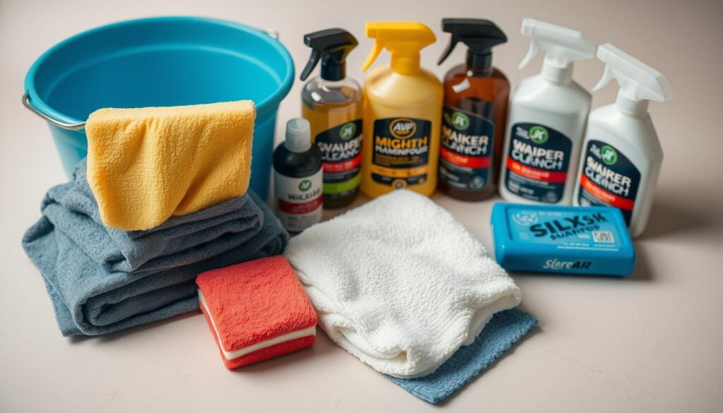 A well-lit, close-up shot of an assortment of car washing supplies, including a bucket, sponge, microfiber towels, and various cleaning products like shampoo, wax, and polishing compounds. The items are arranged neatly on a smooth, light-colored surface, creating a sense of order and organization. The lighting is soft and diffused, accentuating the textures and colors of the products. The overall mood is one of cleanliness, efficiency, and attention to detail, reflecting the importance of proper car maintenance and detailing. A well-lit, close-up shot of an assortment of car washing supplies, including a bucket, sponge, microfiber towels, and various cleaning products like shampoo, wax, and polishing compounds. The items are arranged neatly on a smooth, light-colored surface, creating a sense of order and organization. The lighting is soft and diffused, accentuating the textures and colors of the products. The overall mood is one of cleanliness, efficiency, and attention to detail, reflecting the importance of proper car maintenance and detailing.