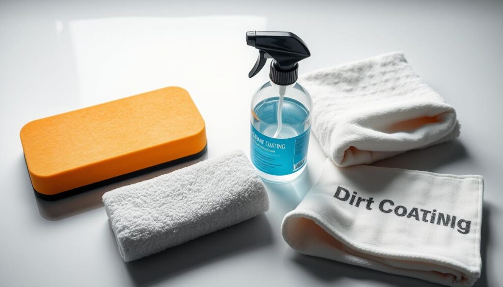 A well-lit, high-angle studio shot of an assortment of ceramic coating application tools, including a foam applicator pad, a microfiber buffing cloth, a spray bottle filled with a ceramic coating solution, and a clean, lint-free towel. The tools are arranged neatly on a clean, reflective surface, allowing the viewer to clearly see the details and textures of each item. The lighting is soft and diffused, creating a professional, high-quality appearance that showcases the tools in an organized and visually appealing manner. A well-lit, high-angle studio shot of an assortment of ceramic coating application tools, including a foam applicator pad, a microfiber buffing cloth, a spray bottle filled with a ceramic coating solution, and a clean, lint-free towel. The tools are arranged neatly on a clean, reflective surface, allowing the viewer to clearly see the details and textures of each item. The lighting is soft and diffused, creating a professional, high-quality appearance that showcases the tools in an organized and visually appealing manner.