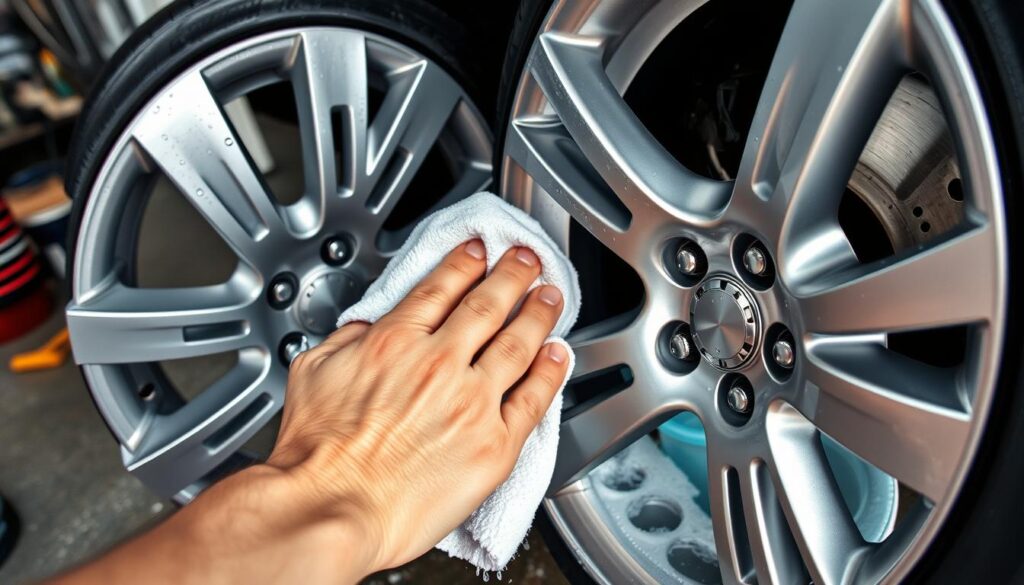 A well-lit, high-angle view of a set of aluminum car wheels being cleaned. The wheels are gleaming, with water droplets reflecting the light. In the foreground, a hand holds a microfiber cloth, gently wiping the wheel's surface. The middle ground shows a bucket of soapy water and various cleaning tools. The background features a garage or workshop setting, with tools and equipment visible. The overall scene conveys a sense of care and attention to detail in the wheel cleaning process. A well-lit, high-angle view of a set of aluminum car wheels being cleaned. The wheels are gleaming, with water droplets reflecting the light. In the foreground, a hand holds a microfiber cloth, gently wiping the wheel's surface. The middle ground shows a bucket of soapy water and various cleaning tools. The background features a garage or workshop setting, with tools and equipment visible. The overall scene conveys a sense of care and attention to detail in the wheel cleaning process.