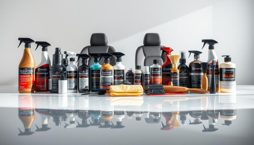 A well-lit, high-quality studio shot of an assortment of premium car interior detailing products arranged artfully on a clean, reflective surface. The foreground features various bottles, sprays, and applicators for cleaning, conditioning, and protecting leather, fabrics, and plastics. The middle ground showcases a selection of microfiber cloths, brushes, and specialty tools. The background is a softly blurred, minimalist setting that emphasizes the products. The lighting is natural and flattering, creating a sense of depth and highlighting the textures and colors of the items. The overall mood is professional, aspirational, and focused on the superior quality and performance of the detailing products. A well-lit, high-quality studio shot of an assortment of premium car interior detailing products arranged artfully on a clean, reflective surface. The foreground features various bottles, sprays, and applicators for cleaning, conditioning, and protecting leather, fabrics, and plastics. The middle ground showcases a selection of microfiber cloths, brushes, and specialty tools. The background is a softly blurred, minimalist setting that emphasizes the products. The lighting is natural and flattering, creating a sense of depth and highlighting the textures and colors of the items. The overall mood is professional, aspirational, and focused on the superior quality and performance of the detailing products.