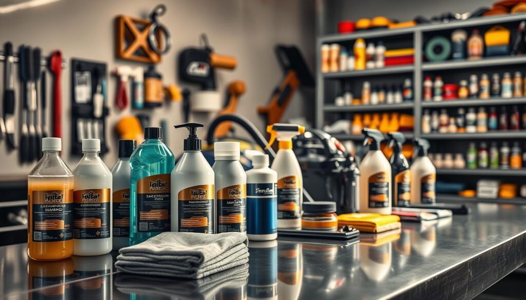 A well-lit, high-resolution image of an assortment of premium car cleaning supplies arranged on a sleek, modern workbench. In the foreground, gleaming bottles of high-quality car shampoo, polishing compounds, and microfiber cloths. In the middle ground, a professional-grade vacuum cleaner and a selection of brushes, sponges, and detailing tools. In the background, a neatly organized rack of car care products, including waxes, sealants, and specialized cleaners. The scene is bathed in warm, directional lighting, casting subtle shadows and highlights that accentuate the textures and reflections of the various products. The overall mood is one of professionalism, efficiency, and a dedication to automotive excellence. A well-lit, high-resolution image of an assortment of premium car cleaning supplies arranged on a sleek, modern workbench. In the foreground, gleaming bottles of high-quality car shampoo, polishing compounds, and microfiber cloths. In the middle ground, a professional-grade vacuum cleaner and a selection of brushes, sponges, and detailing tools. In the background, a neatly organized rack of car care products, including waxes, sealants, and specialized cleaners. The scene is bathed in warm, directional lighting, casting subtle shadows and highlights that accentuate the textures and reflections of the various products. The overall mood is one of professionalism, efficiency, and a dedication to automotive excellence.
