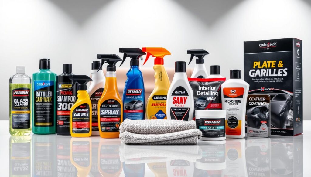 A well-lit product display showcasing a comprehensive range of high-quality car care products. In the foreground, glass cleaner, car shampoo, tire shine, and other essentials are artfully arranged on a sleek, glossy surface. The middle ground features a premium car wax, interior detailing spray, and a microfiber towel, all complementing the central theme. In the background, a high-performance car polish, leather conditioner, and a cutting-edge ceramic coating kit are displayed, creating a visually stunning and informative composition. The lighting is soft and directional, highlighting the textures and colors of the products, conveying a sense of professionalism and attention to detail. A well-lit product display showcasing a comprehensive range of high-quality car care products. In the foreground, glass cleaner, car shampoo, tire shine, and other essentials are artfully arranged on a sleek, glossy surface. The middle ground features a premium car wax, interior detailing spray, and a microfiber towel, all complementing the central theme. In the background, a high-performance car polish, leather conditioner, and a cutting-edge ceramic coating kit are displayed, creating a visually stunning and informative composition. The lighting is soft and directional, highlighting the textures and colors of the products, conveying a sense of professionalism and attention to detail.