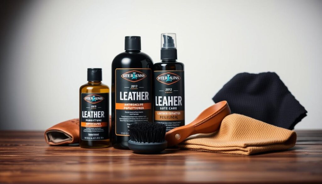 A well-lit studio photograph of an assortment of high-quality leather care products for automotive use, including a leather conditioner, cleaner, applicator brush, and microfiber cloth, artfully arranged on a wooden surface with a soft, diffused background that highlights the textures and colors of the items. The lighting should be balanced, with some directional light to create depth and definition. The camera angle should be slightly elevated to provide a clear, unobstructed view of the products. A well-lit studio photograph of an assortment of high-quality leather care products for automotive use, including a leather conditioner, cleaner, applicator brush, and microfiber cloth, artfully arranged on a wooden surface with a soft, diffused background that highlights the textures and colors of the items. The lighting should be balanced, with some directional light to create depth and definition. The camera angle should be slightly elevated to provide a clear, unobstructed view of the products.