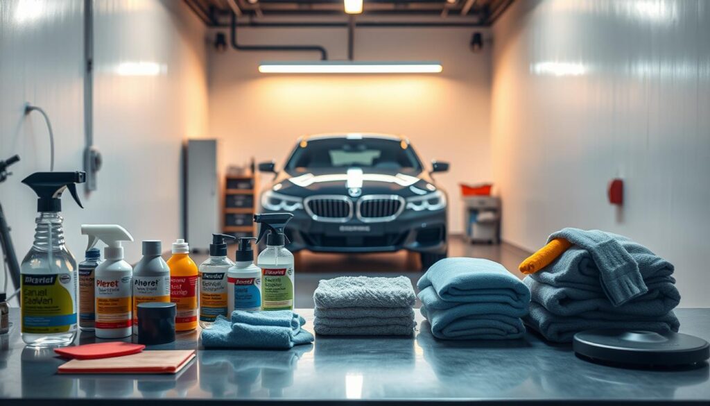 A well-lit workspace, pristine and organized, with an array of supplies neatly arranged on a sturdy workbench. In the foreground, a collection of cleaning products, microfiber cloths, and applicator pads, all carefully positioned for the upcoming ceramic coating application. In the middle ground, a mid-sized sedan, freshly washed and dried, awaiting its transformation. Bright, diffused lighting casts a warm, inviting glow, creating a professional, detail-oriented atmosphere. The camera captures the scene from a slightly elevated angle, emphasizing the methodical preparation process and the anticipation of the final, glossy result. A well-lit workspace, pristine and organized, with an array of supplies neatly arranged on a sturdy workbench. In the foreground, a collection of cleaning products, microfiber cloths, and applicator pads, all carefully positioned for the upcoming ceramic coating application. In the middle ground, a mid-sized sedan, freshly washed and dried, awaiting its transformation. Bright, diffused lighting casts a warm, inviting glow, creating a professional, detail-oriented atmosphere. The camera captures the scene from a slightly elevated angle, emphasizing the methodical preparation process and the anticipation of the final, glossy result.