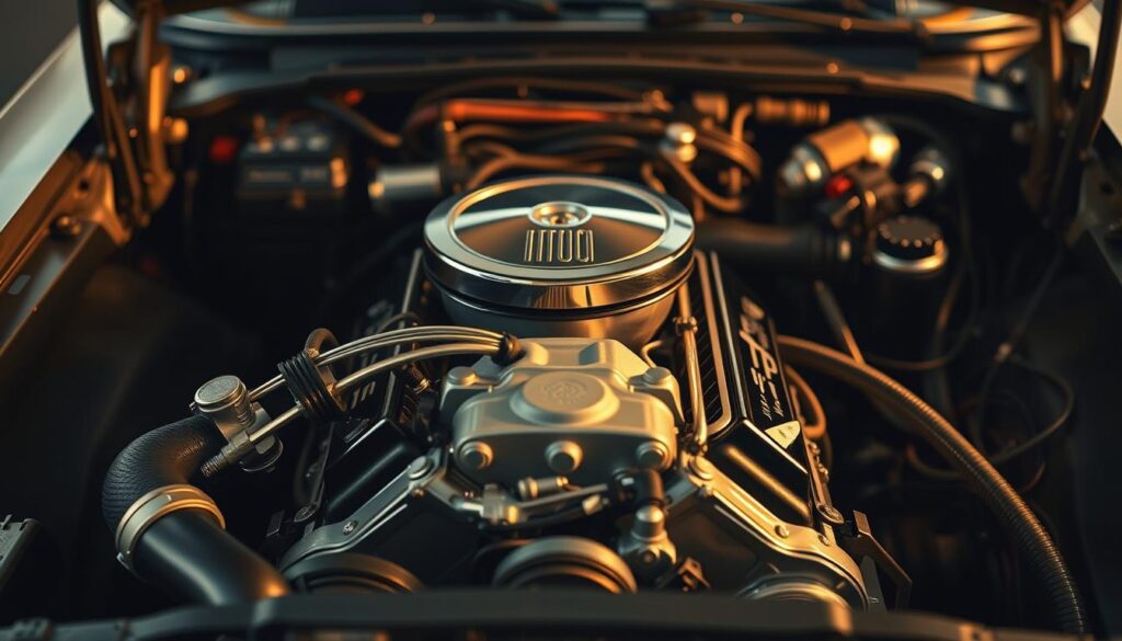 Detailed engine bay, bathed in soft, warm lighting that accentuates the intricate mechanical components. Clean, polished surfaces reflect the light, creating a sense of order and precision. The foreground showcases the clean, meticulously detailed engine block, its components gleaming as if freshly serviced. The middle ground features the surrounding engine bay, with wires, hoses, and smaller parts arranged in an organized, aesthetically pleasing manner. The background subtly fades into a muted, slightly blurred environment, allowing the engine to be the focal point. The overall scene conveys a sense of pride, care, and attention to detail in engine maintenance and presentation. Detailed engine bay, bathed in soft, warm lighting that accentuates the intricate mechanical components. Clean, polished surfaces reflect the light, creating a sense of order and precision. The foreground showcases the clean, meticulously detailed engine block, its components gleaming as if freshly serviced. The middle ground features the surrounding engine bay, with wires, hoses, and smaller parts arranged in an organized, aesthetically pleasing manner. The background subtly fades into a muted, slightly blurred environment, allowing the engine to be the focal point. The overall scene conveys a sense of pride, care, and attention to detail in engine maintenance and presentation.