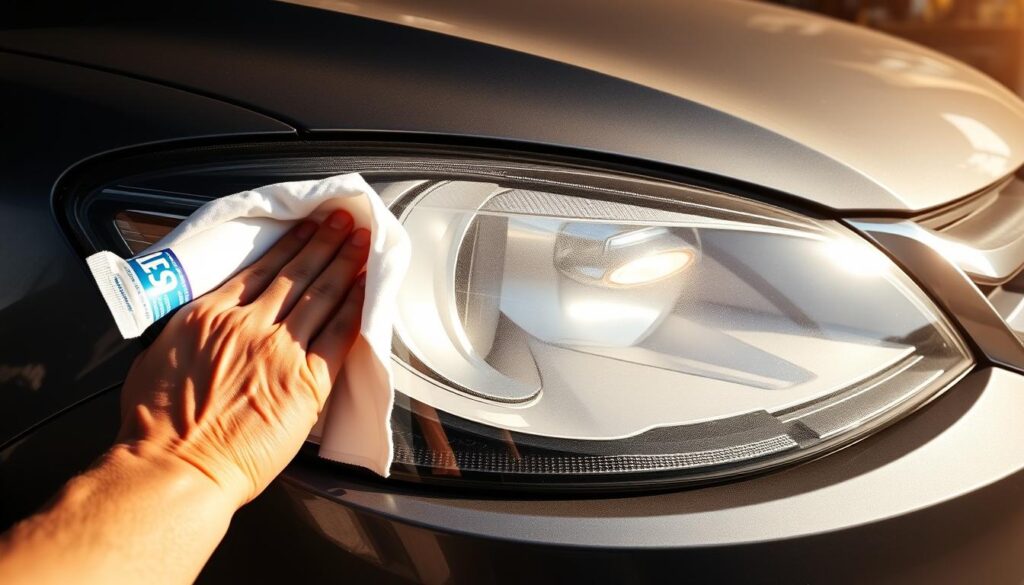 Detailed exterior of a car with a foggy, hazy headlight being cleaned with white toothpaste. Bright, warm afternoon sunlight illuminates the scene, casting dramatic shadows. Foreground shows a hand gently rubbing the toothpaste into the plastic headlight lens using a clean microfiber cloth. Middle ground reveals the car's front end, with the partially restored headlight contrasting against the still-foggy one. Background depicts a neatly organized workspace with automotive detailing supplies and tools. The image conveys a sense of simple, effective, and time-saving car maintenance. Detailed exterior of a car with a foggy, hazy headlight being cleaned with white toothpaste. Bright, warm afternoon sunlight illuminates the scene, casting dramatic shadows. Foreground shows a hand gently rubbing the toothpaste into the plastic headlight lens using a clean microfiber cloth. Middle ground reveals the car's front end, with the partially restored headlight contrasting against the still-foggy one. Background depicts a neatly organized workspace with automotive detailing supplies and tools. The image conveys a sense of simple, effective, and time-saving car maintenance.