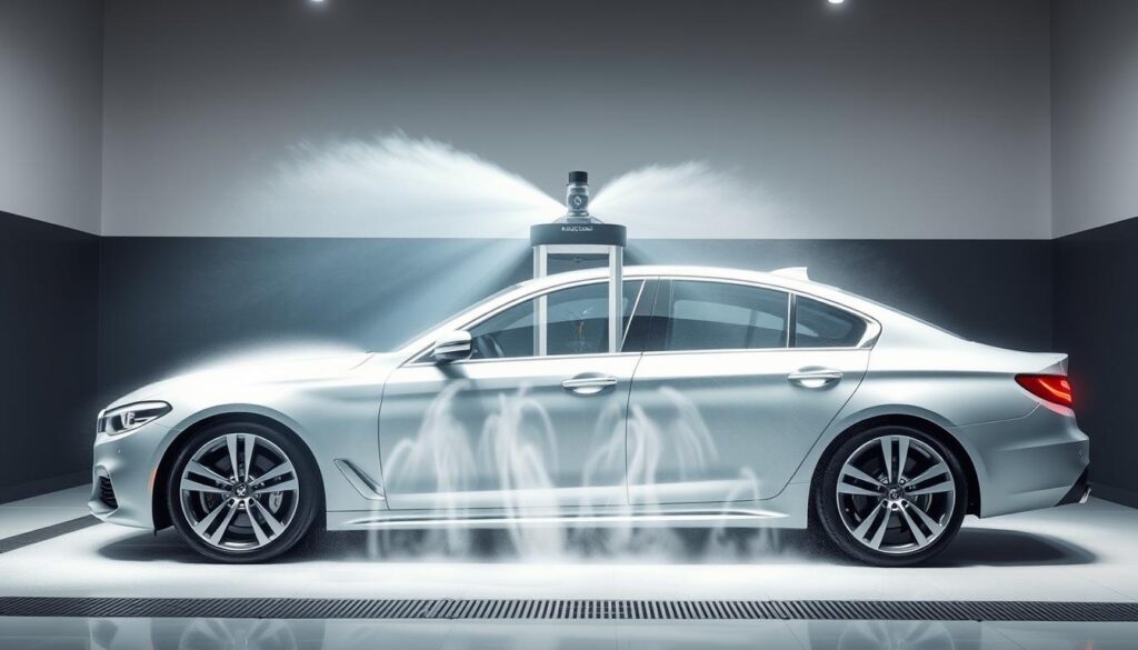 a detailed, photorealistic image of a waterless car wash technology system, showcasing the key components and functionality. The foreground depicts the car being washed, with a high-pressure mist of water-less cleaning solution gently enveloping the vehicle. The middle ground highlights the compact, self-contained unit housing the cleaning mechanism, with sleek, modern design elements. In the background, a minimalist, well-lit studio environment provides a clean, professional setting. The lighting is soft and directional, accentuating the texture and sheen of the car's surface. The overall mood is one of efficiency, innovation, and a commitment to environmentally-friendly car care solutions. a detailed, photorealistic image of a waterless car wash technology system, showcasing the key components and functionality. The foreground depicts the car being washed, with a high-pressure mist of water-less cleaning solution gently enveloping the vehicle. The middle ground highlights the compact, self-contained unit housing the cleaning mechanism, with sleek, modern design elements. In the background, a minimalist, well-lit studio environment provides a clean, professional setting. The lighting is soft and directional, accentuating the texture and sheen of the car's surface. The overall mood is one of efficiency, innovation, and a commitment to environmentally-friendly car care solutions.