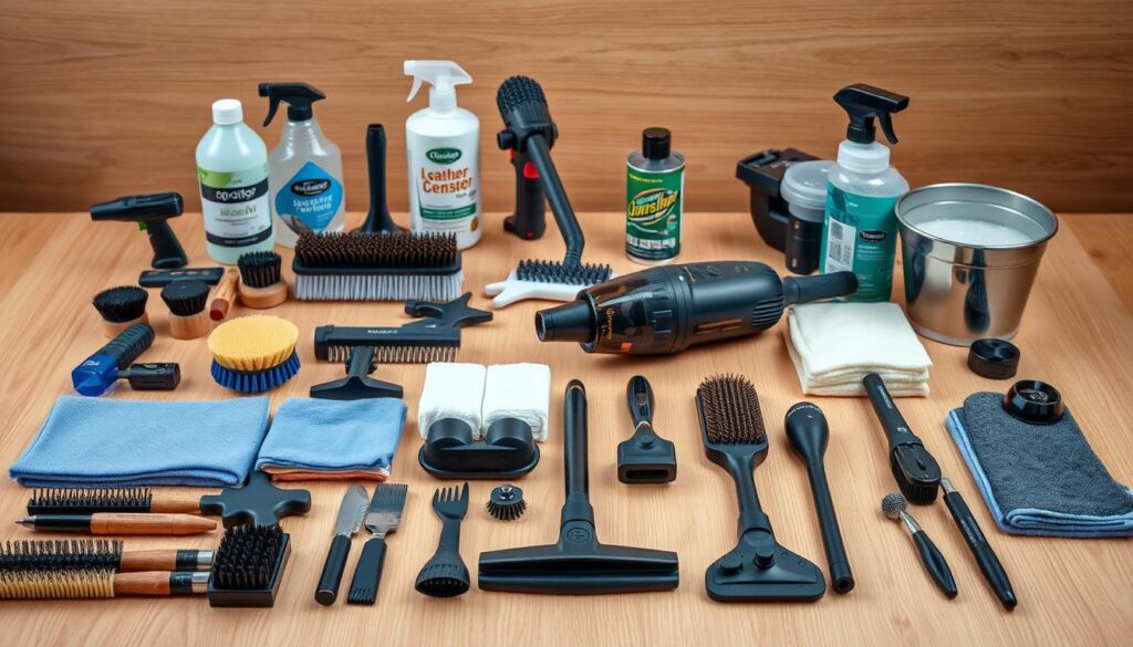 a neatly organized collection of essential car interior detailing tools displayed on a clean, well-lit wooden surface. in the foreground, an array of brushes, microfiber cloths, and cleaning solutions in various sizes and shapes. in the middle ground, a handheld vacuum cleaner, a dual-head detailing brush, and a steam cleaner. in the background, a bottle of leather conditioner, a can of upholstery cleaner, and a small bucket of soapy water. the lighting is soft and diffused, creating a warm, inviting atmosphere that showcases the tools' functionality and professional-grade quality. a neatly organized collection of essential car interior detailing tools displayed on a clean, well-lit wooden surface. in the foreground, an array of brushes, microfiber cloths, and cleaning solutions in various sizes and shapes. in the middle ground, a handheld vacuum cleaner, a dual-head detailing brush, and a steam cleaner. in the background, a bottle of leather conditioner, a can of upholstery cleaner, and a small bucket of soapy water. the lighting is soft and diffused, creating a warm, inviting atmosphere that showcases the tools' functionality and professional-grade quality.