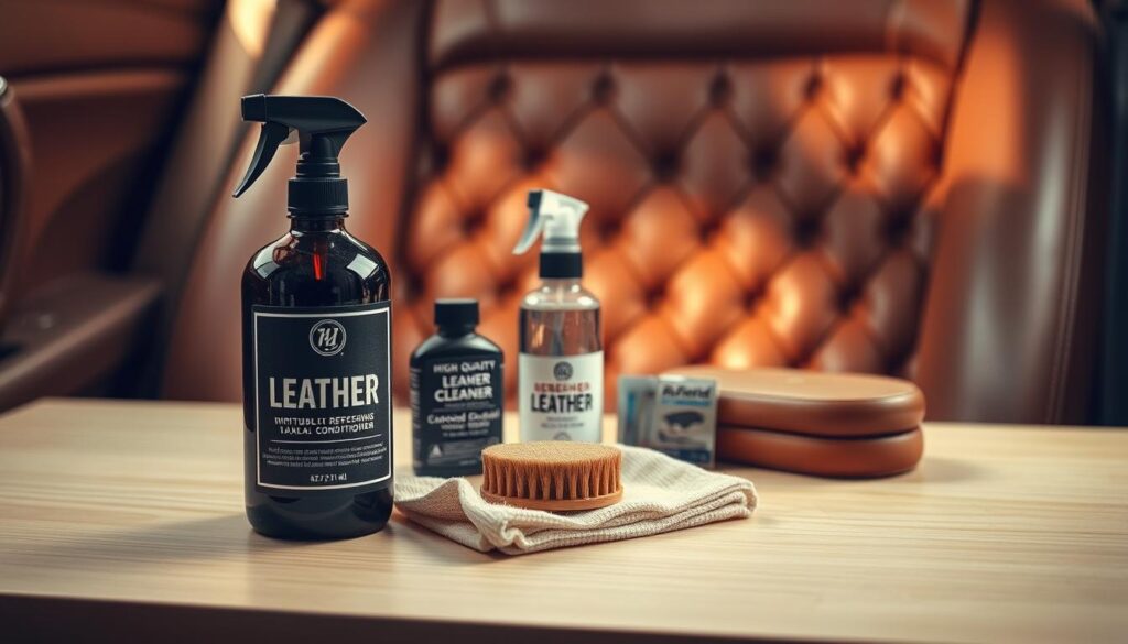 A clean, well-lit leather detailing kit arranged neatly on a light-colored wooden surface. In the foreground, a bottle of high-quality leather conditioner, a soft microfiber cloth, and a horsehair brush. In the middle ground, a leather cleaner spray and a small leather repair kit. In the background, a plush, tufted leather car seat, hinting at the ultimate goal of this setup - to keep leather interiors looking their best. Warm, natural lighting from an overhead source casts a soft glow, highlighting the rich textures and tones of the leather and materials. The overall scene conveys a sense of care, attention to detail, and dedication to preserving the long-term beauty of fine leather surfaces. A clean, well-lit leather detailing kit arranged neatly on a light-colored wooden surface. In the foreground, a bottle of high-quality leather conditioner, a soft microfiber cloth, and a horsehair brush. In the middle ground, a leather cleaner spray and a small leather repair kit. In the background, a plush, tufted leather car seat, hinting at the ultimate goal of this setup - to keep leather interiors looking their best. Warm, natural lighting from an overhead source casts a soft glow, highlighting the rich textures and tones of the leather and materials. The overall scene conveys a sense of care, attention to detail, and dedication to preserving the long-term beauty of fine leather surfaces.