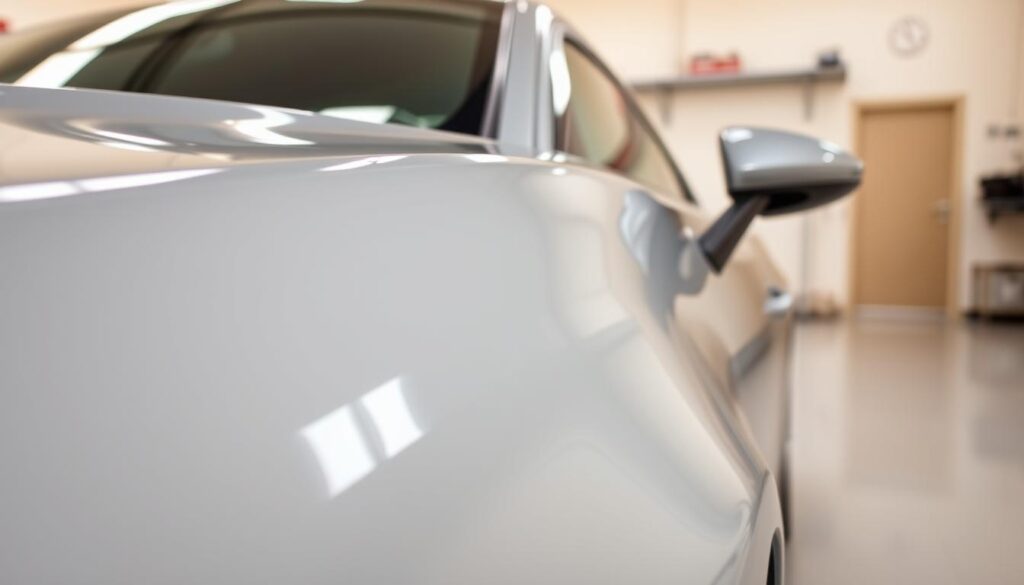A close-up, high-quality photo of a freshly polished and corrected car paint in a well-lit, clean garage setting. The foreground showcases the smooth, glossy, and reflective surface of the paint, capturing the depth and clarity of the color. The middle ground features the car's sleek silhouette, emphasizing the refined and rejuvenated appearance. The background presents a minimalist, uncluttered environment, allowing the car's finish to be the focal point. The lighting is warm and natural, creating a sense of depth and dimension, highlighting the intricate details of the paint correction process. The overall mood is one of pride, craftsmanship, and the transformative power of professional paint care. A close-up, high-quality photo of a freshly polished and corrected car paint in a well-lit, clean garage setting. The foreground showcases the smooth, glossy, and reflective surface of the paint, capturing the depth and clarity of the color. The middle ground features the car's sleek silhouette, emphasizing the refined and rejuvenated appearance. The background presents a minimalist, uncluttered environment, allowing the car's finish to be the focal point. The lighting is warm and natural, creating a sense of depth and dimension, highlighting the intricate details of the paint correction process. The overall mood is one of pride, craftsmanship, and the transformative power of professional paint care.