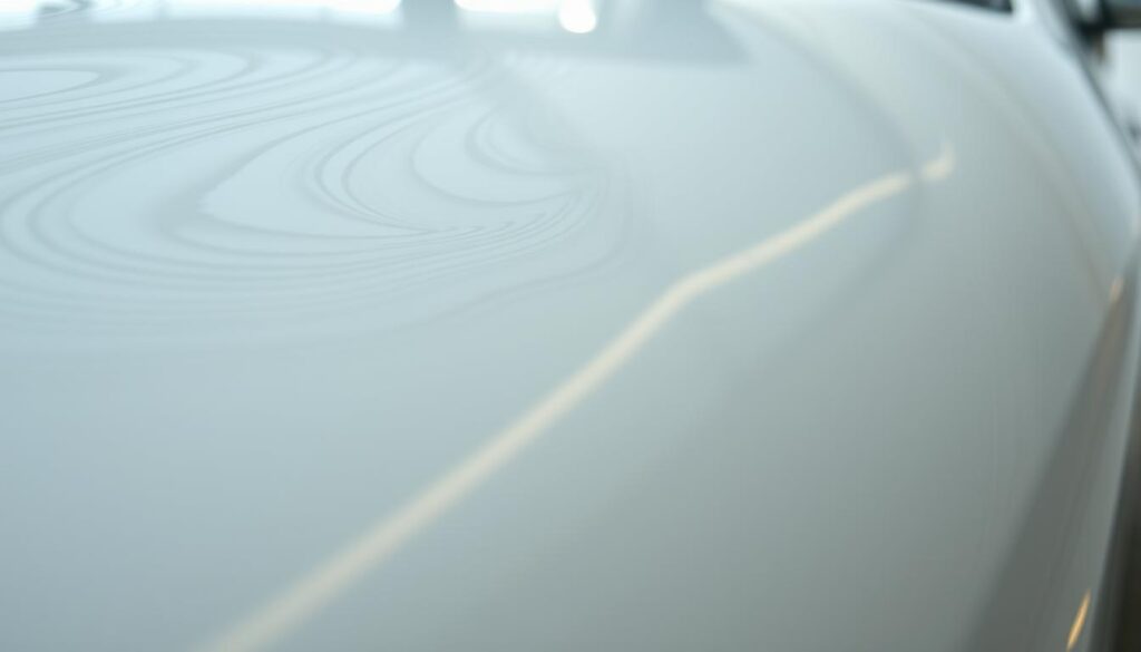 A close-up macro shot of intricate paint swirls on a car's glossy surface, showcasing the delicate patterns and undulations of the clear coat. The lighting is soft and diffused, creating subtle highlights and shadows that accentuate the depth and texture of the finish. The camera is positioned at a low angle, capturing the curves and contours of the bodywork in an almost abstract, artistic manner. The background is blurred, placing the focus entirely on the mesmerizing details of the paint swirls. The overall mood is one of contemplation and appreciation for the beauty inherent in the imperfections of a well-cared-for automotive surface. A close-up macro shot of intricate paint swirls on a car's glossy surface, showcasing the delicate patterns and undulations of the clear coat. The lighting is soft and diffused, creating subtle highlights and shadows that accentuate the depth and texture of the finish. The camera is positioned at a low angle, capturing the curves and contours of the bodywork in an almost abstract, artistic manner. The background is blurred, placing the focus entirely on the mesmerizing details of the paint swirls. The overall mood is one of contemplation and appreciation for the beauty inherent in the imperfections of a well-cared-for automotive surface.