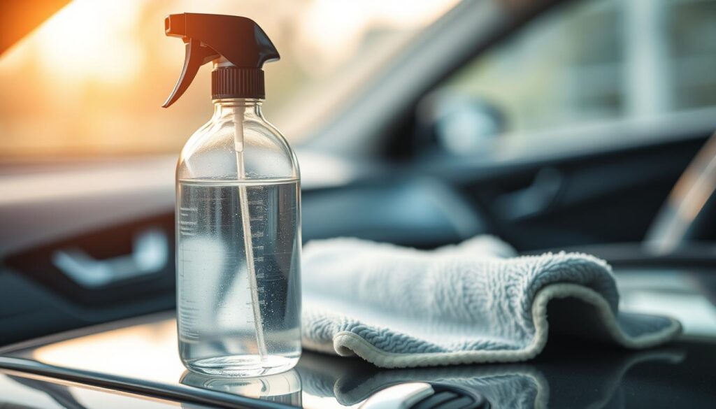 A close-up view of a car window cleaning solution bottle in the foreground, with a soft, warm-toned lighting that accentuates the transparent liquid and the reflective, glossy surface. In the middle ground, a high-quality microfiber cloth is positioned, ready to be used for the window cleaning process. The background features a blurred, out-of-focus scene of a car interior, suggesting the intended context of the image. The overall composition and lighting create a clean, professional, and inviting atmosphere, highlighting the essential supplies needed for effectively cleaning car windows. A close-up view of a car window cleaning solution bottle in the foreground, with a soft, warm-toned lighting that accentuates the transparent liquid and the reflective, glossy surface. In the middle ground, a high-quality microfiber cloth is positioned, ready to be used for the window cleaning process. The background features a blurred, out-of-focus scene of a car interior, suggesting the intended context of the image. The overall composition and lighting create a clean, professional, and inviting atmosphere, highlighting the essential supplies needed for effectively cleaning car windows.