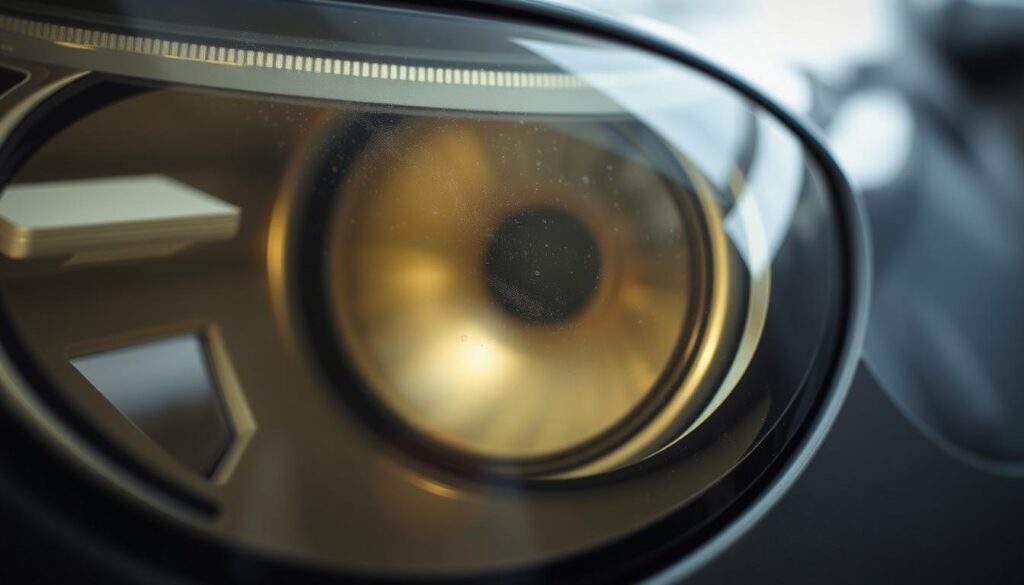 A close-up view of a car's foggy, yellowed headlight lens, showcasing the impact of oxidation and environmental factors. The headlight appears dulled and hazy, diminishing visibility and road safety. The foreground focuses on the intricate lens structure, with tiny scratches and pitted surfaces visible. The middle ground depicts the surrounding headlight housing, partially obscured by the hazy lens. The background is slightly blurred, emphasizing the importance of the headlight restoration process. The lighting is soft and diffused, creating a moody, contemplative atmosphere, highlighting the need for a solution to revive the headlight's clarity and functionality. A close-up view of a car's foggy, yellowed headlight lens, showcasing the impact of oxidation and environmental factors. The headlight appears dulled and hazy, diminishing visibility and road safety. The foreground focuses on the intricate lens structure, with tiny scratches and pitted surfaces visible. The middle ground depicts the surrounding headlight housing, partially obscured by the hazy lens. The background is slightly blurred, emphasizing the importance of the headlight restoration process. The lighting is soft and diffused, creating a moody, contemplative atmosphere, highlighting the need for a solution to revive the headlight's clarity and functionality.