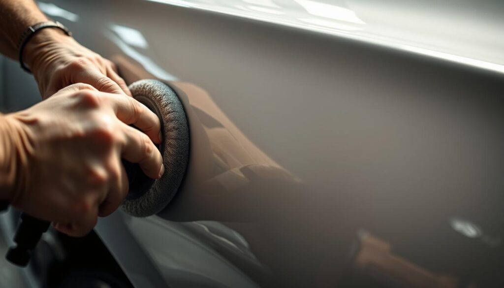 A close-up view of a car's paint surface undergoing the paint correction process. The image shows a skilled technician's hands meticulously buffing and polishing the paint using a dual-action polisher, revealing a glossy, swirl-free finish. The scene is illuminated by a soft, diffused lighting setup, creating long shadows that accentuate the contours of the paint. The background is blurred, keeping the focus on the intricate, hands-on work being performed. The overall mood is one of precision, care, and the dedication required to restore a vehicle's paint to its optimal condition. A close-up view of a car's paint surface undergoing the paint correction process. The image shows a skilled technician's hands meticulously buffing and polishing the paint using a dual-action polisher, revealing a glossy, swirl-free finish. The scene is illuminated by a soft, diffused lighting setup, creating long shadows that accentuate the contours of the paint. The background is blurred, keeping the focus on the intricate, hands-on work being performed. The overall mood is one of precision, care, and the dedication required to restore a vehicle's paint to its optimal condition.