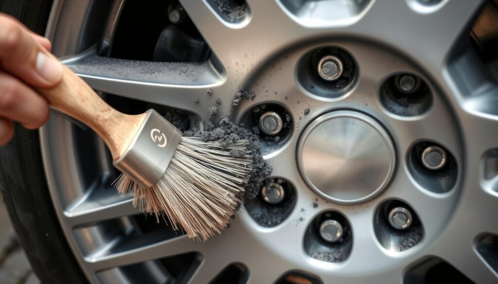 A close-up view of a silver alloy car wheel, its surface covered in a fine layer of dark gray brake dust. In the foreground, a hand wielding a soft-bristle brush gently sweeps away the accumulated particles, revealing the shiny, unblemished finish underneath. Diffused natural light bathes the scene, casting soft shadows that accentuate the textures. The composition emphasizes the delicate, methodical process of brake dust removal, conveying the importance of maintaining wheel cleanliness without causing damage. A close-up view of a silver alloy car wheel, its surface covered in a fine layer of dark gray brake dust. In the foreground, a hand wielding a soft-bristle brush gently sweeps away the accumulated particles, revealing the shiny, unblemished finish underneath. Diffused natural light bathes the scene, casting soft shadows that accentuate the textures. The composition emphasizes the delicate, methodical process of brake dust removal, conveying the importance of maintaining wheel cleanliness without causing damage.