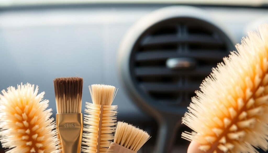 A close-up, well-lit, high-resolution photograph of a set of soft, high-quality car detailing brushes arranged in the foreground. The brushes should have natural bristles of varying thicknesses, suitable for delicate surfaces like dashboard vents, crevices, and tight spaces. The middle ground should feature a clean, neutral background, allowing the brushes to be the focal point. The lighting should be warm and diffused, creating a soft, inviting atmosphere that emphasizes the gentle, meticulous nature of car detailing with these specialized tools. The camera angle should be slightly elevated, providing a detailed, three-dimensional view of the brushes' intricate textures and shapes. A close-up, well-lit, high-resolution photograph of a set of soft, high-quality car detailing brushes arranged in the foreground. The brushes should have natural bristles of varying thicknesses, suitable for delicate surfaces like dashboard vents, crevices, and tight spaces. The middle ground should feature a clean, neutral background, allowing the brushes to be the focal point. The lighting should be warm and diffused, creating a soft, inviting atmosphere that emphasizes the gentle, meticulous nature of car detailing with these specialized tools. The camera angle should be slightly elevated, providing a detailed, three-dimensional view of the brushes' intricate textures and shapes.