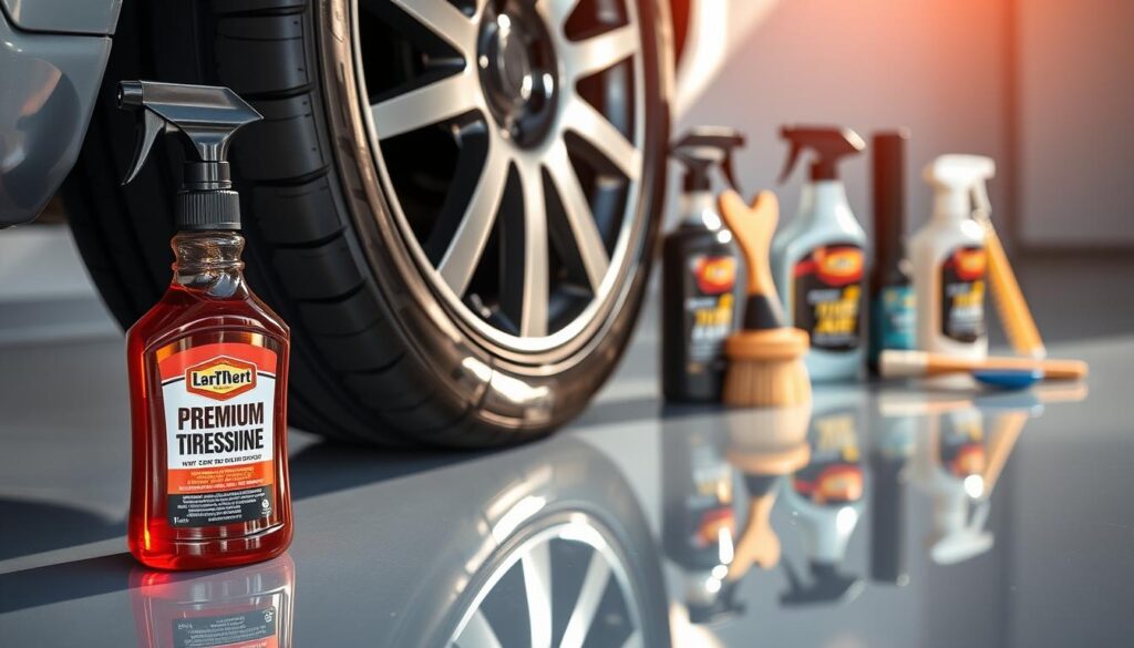 A gleaming array of tire shine products, arrayed on a clean, reflective surface. In the foreground, a bottle of premium tire dressing catches the warm, natural light, its label showcasing the product's key features. In the middle ground, a freshly detailed tire showcases the product's impressive results, the dark rubber glistening with a high-gloss, wet-look finish. In the background, a meticulously arranged selection of complementary tire care items, including brushes and applicators, creating a cohesive, visually appealing display. The overall scene conveys the importance of using the right tire shine solutions to elevate the appearance and protection of one's vehicle. A gleaming array of tire shine products, arrayed on a clean, reflective surface. In the foreground, a bottle of premium tire dressing catches the warm, natural light, its label showcasing the product's key features. In the middle ground, a freshly detailed tire showcases the product's impressive results, the dark rubber glistening with a high-gloss, wet-look finish. In the background, a meticulously arranged selection of complementary tire care items, including brushes and applicators, creating a cohesive, visually appealing display. The overall scene conveys the importance of using the right tire shine solutions to elevate the appearance and protection of one's vehicle.