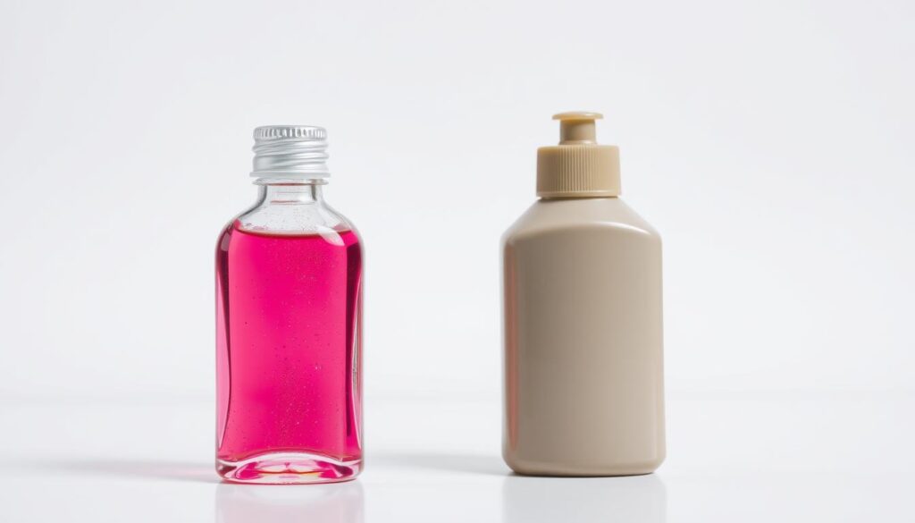 A glossy, crystal-clear glass bottle filled with a vibrant, shimmering liquid contrasts with a matte, opaque plastic container holding a thick, oily polish. In the foreground, the bottles are strategically positioned to highlight their distinct visual properties, captured under a soft, diffused lighting that accentuates their unique textures and reflections. The background is a clean, minimalist setting, allowing the products to take center stage and emphasize the differences between the gloss enhancer and the traditional polish. The overall composition and lighting create a high-end, professional product photography feel, conveying the premium nature of the gloss enhancer compared to the conventional polish. A glossy, crystal-clear glass bottle filled with a vibrant, shimmering liquid contrasts with a matte, opaque plastic container holding a thick, oily polish. In the foreground, the bottles are strategically positioned to highlight their distinct visual properties, captured under a soft, diffused lighting that accentuates their unique textures and reflections. The background is a clean, minimalist setting, allowing the products to take center stage and emphasize the differences between the gloss enhancer and the traditional polish. The overall composition and lighting create a high-end, professional product photography feel, conveying the premium nature of the gloss enhancer compared to the conventional polish.