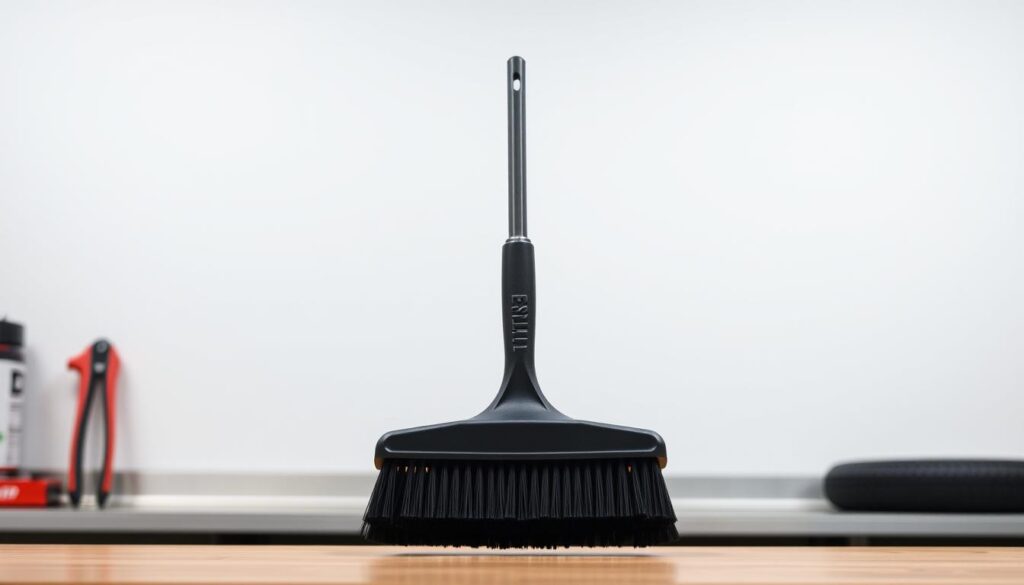 A high-quality tire cleaning tool made of sturdy plastic with a long handle and soft bristles, standing prominently on a clean, well-lit workbench against a plain, neutral background. The tool's shape and design convey efficiency and ease of use, with a tactile, ergonomic grip. Soft, diffused lighting from above gently illuminates the tool's details, highlighting its practical features and the importance of proper tire maintenance. A high-quality tire cleaning tool made of sturdy plastic with a long handle and soft bristles, standing prominently on a clean, well-lit workbench against a plain, neutral background. The tool's shape and design convey efficiency and ease of use, with a tactile, ergonomic grip. Soft, diffused lighting from above gently illuminates the tool's details, highlighting its practical features and the importance of proper tire maintenance.