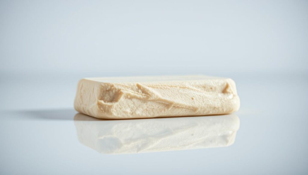 A highly detailed close-up photograph of a clay bar used for automotive detailing, captured under bright, evenly-diffused studio lighting. The bar is resting on a reflective, mirrored surface, casting a subtle reflection. The texture of the clay is meticulously rendered, showcasing its pliable, malleable nature. The image has a clean, professional aesthetic, emphasizing the purpose and function of the clay bar in the car detailing process. The depth of field is shallow, keeping the clay bar in sharp focus while subtly blurring the background to maintain visual interest and draw the viewer's attention to the subject. A highly detailed close-up photograph of a clay bar used for automotive detailing, captured under bright, evenly-diffused studio lighting. The bar is resting on a reflective, mirrored surface, casting a subtle reflection. The texture of the clay is meticulously rendered, showcasing its pliable, malleable nature. The image has a clean, professional aesthetic, emphasizing the purpose and function of the clay bar in the car detailing process. The depth of field is shallow, keeping the clay bar in sharp focus while subtly blurring the background to maintain visual interest and draw the viewer's attention to the subject.