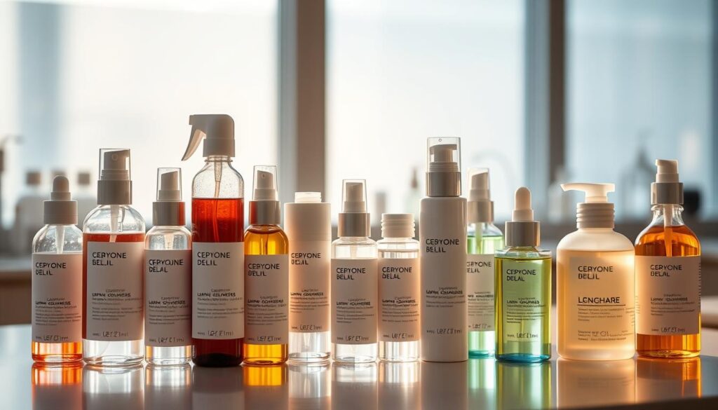 A laboratory countertop displays an array of gloss enhancers - serums, sprays, and oils in various glass and plastic containers. The lighting is soft and diffused, casting a warm, natural glow over the setup. The containers feature sleek, minimalist designs, their labels showcasing scientific-sounding ingredients like silicones, polymers, and ceramides. In the background, subtle reflections and refractions create a sense of depth, hinting at the complex chemistry behind these time-saving formulas. The overall mood is one of scientific precision and efficacy, inviting the viewer to consider the sophisticated technology that powers these shine-boosting products. A laboratory countertop displays an array of gloss enhancers - serums, sprays, and oils in various glass and plastic containers. The lighting is soft and diffused, casting a warm, natural glow over the setup. The containers feature sleek, minimalist designs, their labels showcasing scientific-sounding ingredients like silicones, polymers, and ceramides. In the background, subtle reflections and refractions create a sense of depth, hinting at the complex chemistry behind these time-saving formulas. The overall mood is one of scientific precision and efficacy, inviting the viewer to consider the sophisticated technology that powers these shine-boosting products.