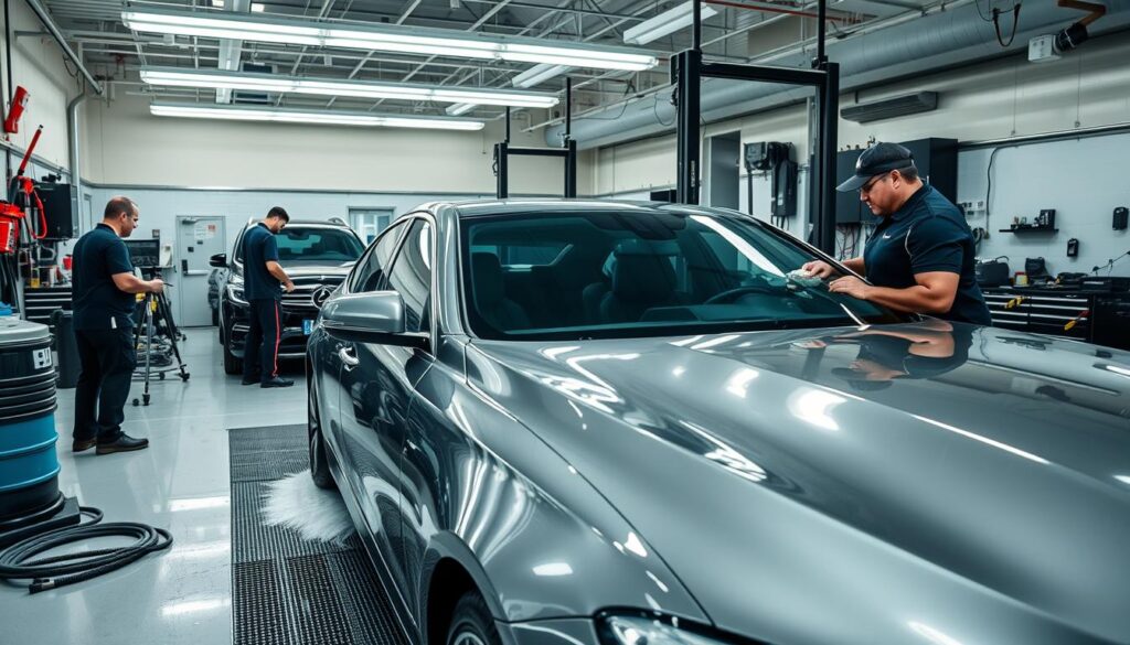 A large, well-equipped auto detailing garage with professional-grade tools and equipment. In the foreground, a luxury sedan is being meticulously cleaned and polished by a team of skilled technicians. Bright overhead lighting illuminates the intricate details, revealing a mirror-like shine on the freshly waxed exterior. In the middle ground, various detailing tools and products are neatly organized, showcasing the level of care and attention required for premium vehicle maintenance. The background features a clean, modern workspace with ample space for multiple cars, emphasizing the scale and capabilities of a professional detailing operation. The overall atmosphere conveys the dedication, expertise, and high-quality results that distinguish professional detailing from amateur efforts. A large, well-equipped auto detailing garage with professional-grade tools and equipment. In the foreground, a luxury sedan is being meticulously cleaned and polished by a team of skilled technicians. Bright overhead lighting illuminates the intricate details, revealing a mirror-like shine on the freshly waxed exterior. In the middle ground, various detailing tools and products are neatly organized, showcasing the level of care and attention required for premium vehicle maintenance. The background features a clean, modern workspace with ample space for multiple cars, emphasizing the scale and capabilities of a professional detailing operation. The overall atmosphere conveys the dedication, expertise, and high-quality results that distinguish professional detailing from amateur efforts.