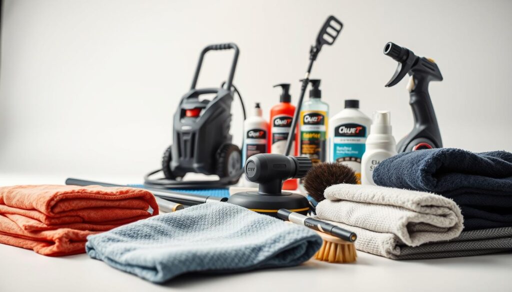 A meticulously arranged collection of professional detailing tools for exterior car care, captured in a well-lit studio setting with a soft, diffused lighting to accentuate the textures and finishes. In the foreground, a selection of high-quality microfiber towels, detailing brushes, and a foam cannon lay neatly organized. In the middle ground, a dual-action polisher, a high-powered pressure washer, and a selection of detailing chemicals, such as premium car shampoo and wax, are displayed. The background features a clean, minimalist backdrop, allowing the tools to take center stage and showcasing their essential role in delivering a flawless, showroom-worthy finish to any vehicle. A meticulously arranged collection of professional detailing tools for exterior car care, captured in a well-lit studio setting with a soft, diffused lighting to accentuate the textures and finishes. In the foreground, a selection of high-quality microfiber towels, detailing brushes, and a foam cannon lay neatly organized. In the middle ground, a dual-action polisher, a high-powered pressure washer, and a selection of detailing chemicals, such as premium car shampoo and wax, are displayed. The background features a clean, minimalist backdrop, allowing the tools to take center stage and showcasing their essential role in delivering a flawless, showroom-worthy finish to any vehicle.