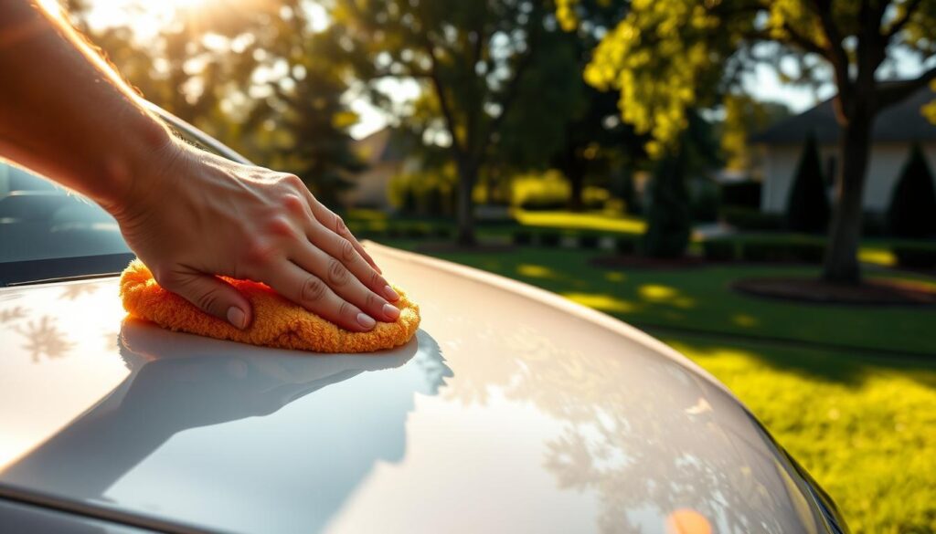 A pristine car gleaming under warm, golden sunlight, its flawless paint meticulously covered in a layer of high-quality car wax. In the foreground, a hand applies the wax in smooth, circular motions, the rich formula glistening as it spreads evenly across the surface. The middle ground showcases the dramatic contrast between the treated and untreated areas, highlighting the wax's ability to enhance depth, clarity, and shine. In the background, a tranquil suburban setting with neatly manicured lawns and towering trees, creating a serene and inviting atmosphere. The scene conveys the benefits of car wax application - a deep, long-lasting luster, enhanced protection from the elements, and a showroom-worthy finish that elevates the vehicle's overall appearance. A pristine car gleaming under warm, golden sunlight, its flawless paint meticulously covered in a layer of high-quality car wax. In the foreground, a hand applies the wax in smooth, circular motions, the rich formula glistening as it spreads evenly across the surface. The middle ground showcases the dramatic contrast between the treated and untreated areas, highlighting the wax's ability to enhance depth, clarity, and shine. In the background, a tranquil suburban setting with neatly manicured lawns and towering trees, creating a serene and inviting atmosphere. The scene conveys the benefits of car wax application - a deep, long-lasting luster, enhanced protection from the elements, and a showroom-worthy finish that elevates the vehicle's overall appearance.