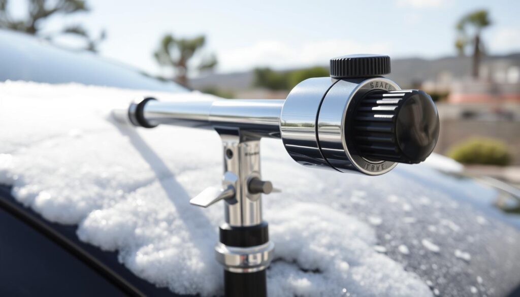 A sleek, chrome foam cannon attachment for a pressure washer, positioned in the foreground. The cannon features a adjustable nozzle and control knob, allowing for precise foam application. In the middle ground, a car's surface is partially visible, covered in a thick, sudsy lather. The background depicts a sunny, outdoor car washing scene, with a blurred landscape of trees and buildings providing context. The lighting is bright and natural, creating specular highlights on the metal components. The overall mood is one of efficiency and functionality, suitable for the task of thoroughly cleaning a vehicle. A sleek, chrome foam cannon attachment for a pressure washer, positioned in the foreground. The cannon features a adjustable nozzle and control knob, allowing for precise foam application. In the middle ground, a car's surface is partially visible, covered in a thick, sudsy lather. The background depicts a sunny, outdoor car washing scene, with a blurred landscape of trees and buildings providing context. The lighting is bright and natural, creating specular highlights on the metal components. The overall mood is one of efficiency and functionality, suitable for the task of thoroughly cleaning a vehicle.